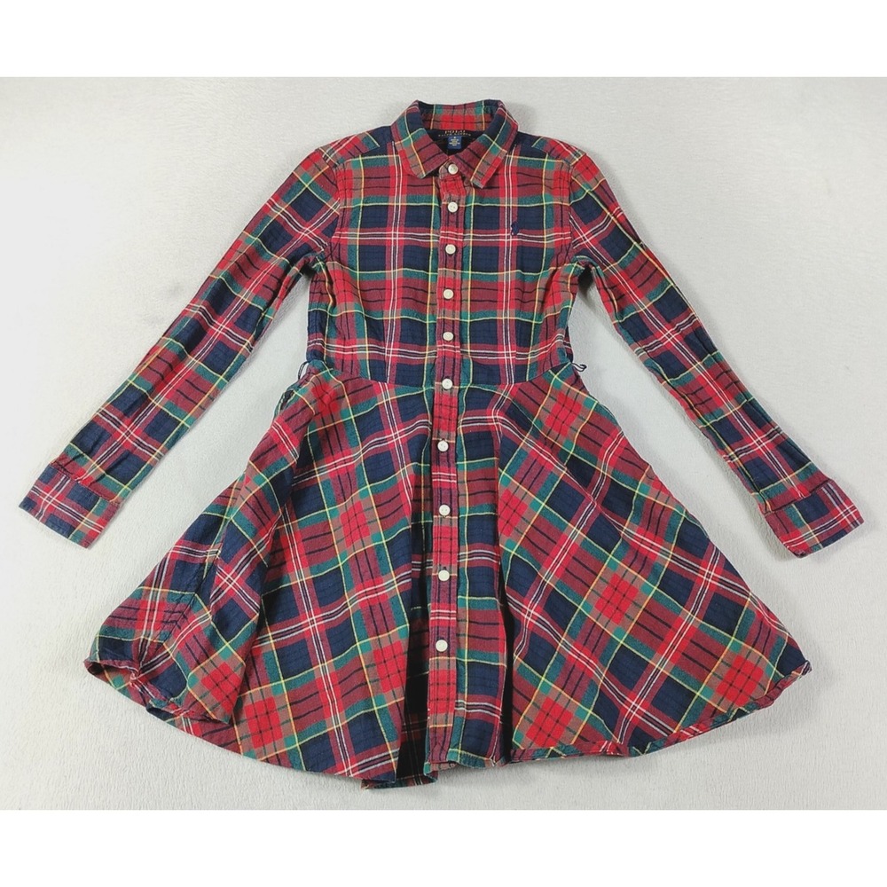 Polo Ralph Lauren Dress Girls 8 Red Plaid Flannel Shirt Long Sleeve Button Front